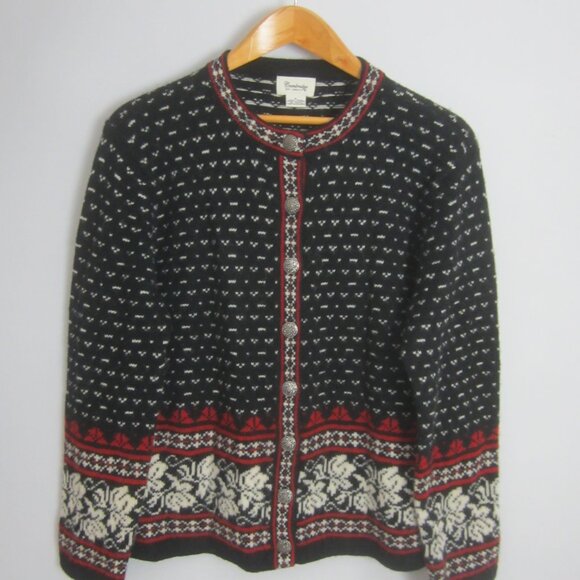 Vtg Cambridge Dry Goods Womens L Black Red Nordic 100% Wool Cardigan Sweater - Picture 8 of 9